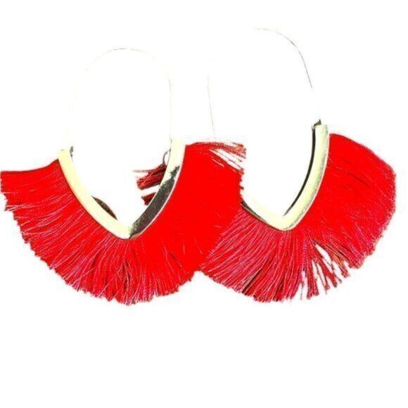 EUC - Red Dangle Hoop Fringe Earrings - Gold Trim - Picture 1 of 3